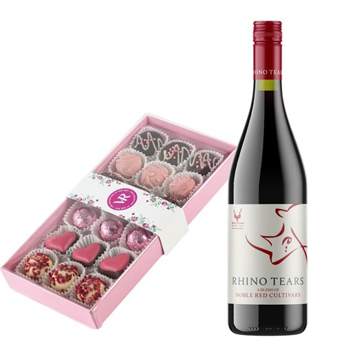 Rhino Tears Noble Red Cultivars 75cl Red Wine and Assorted Box Of Heart Chocolates 215g